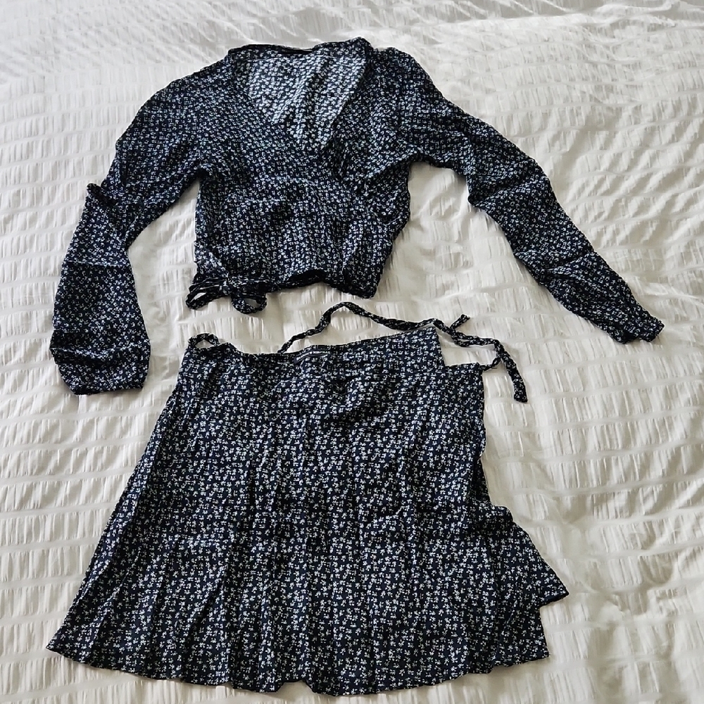 Brandy Melville Navy Floral Wrap Top & Skirt